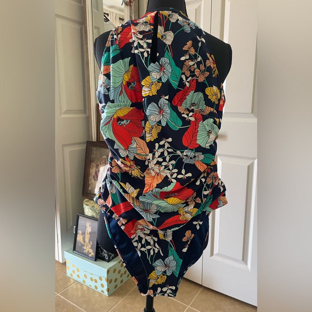 Ellen Tracy Navy Floral One-Piece Swimsuit with Red, Yellow & Teal Accents